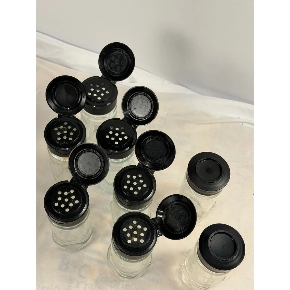 Set of 8 Glass Spice Jars with Black Flip Top Shaker Lids Hexagon Base 4oz